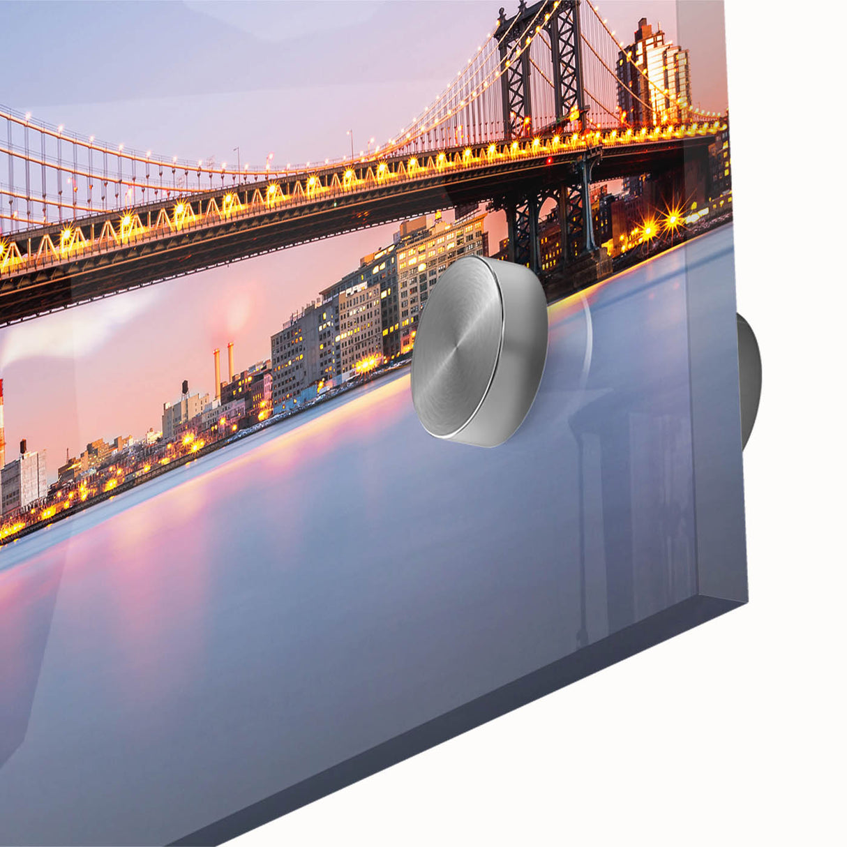Mid-century modernist art of Manhattan Bridge in muted gray tones on large acrylic print, ideal for dining room art.