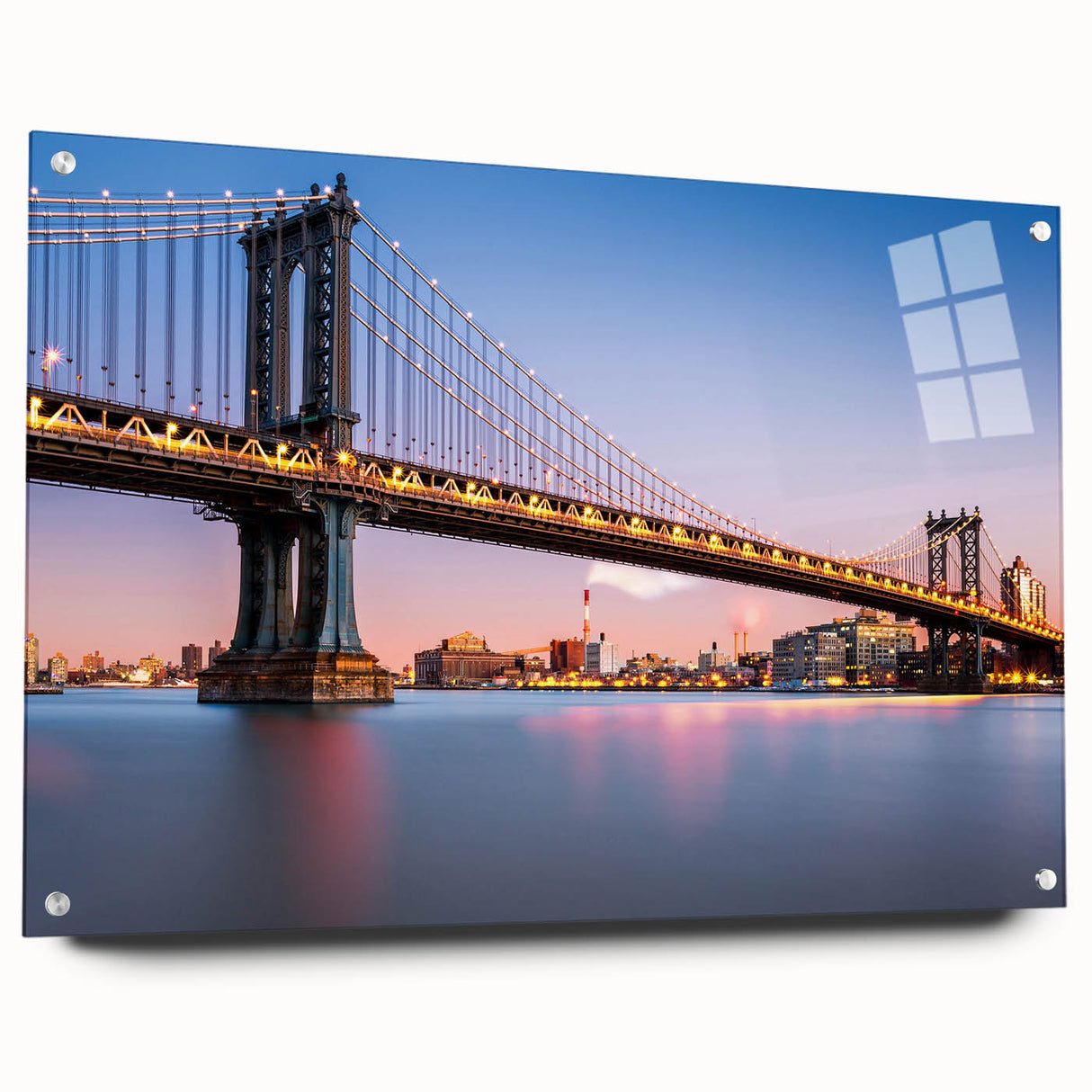 Acrylic print of Manhattan Bridge with soft gray and blue tones, suitable for bedroom or dining room decor.