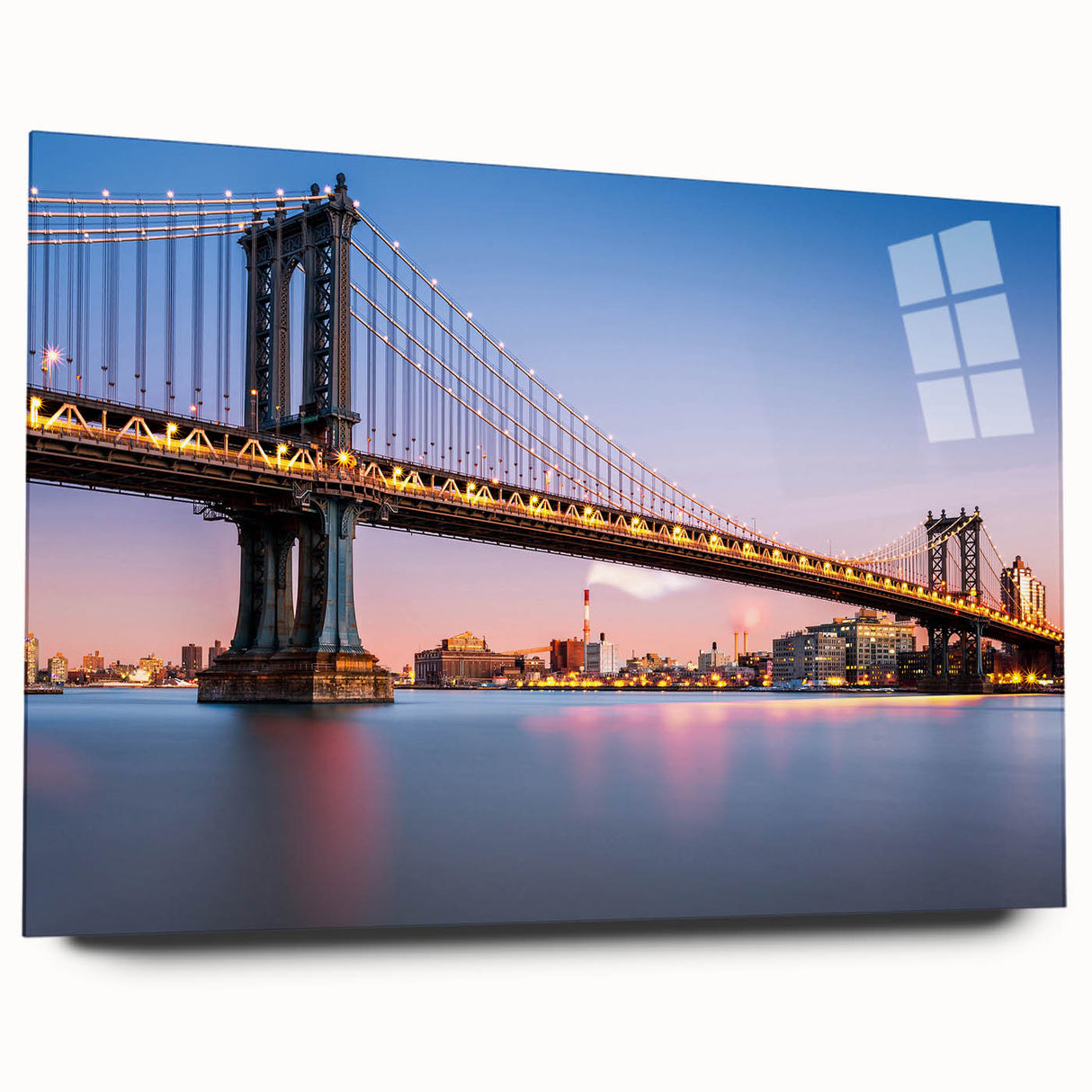 Acrylic print of Manhattan Bridge in muted gray and blue tones, ideal for bedroom or dining room art.