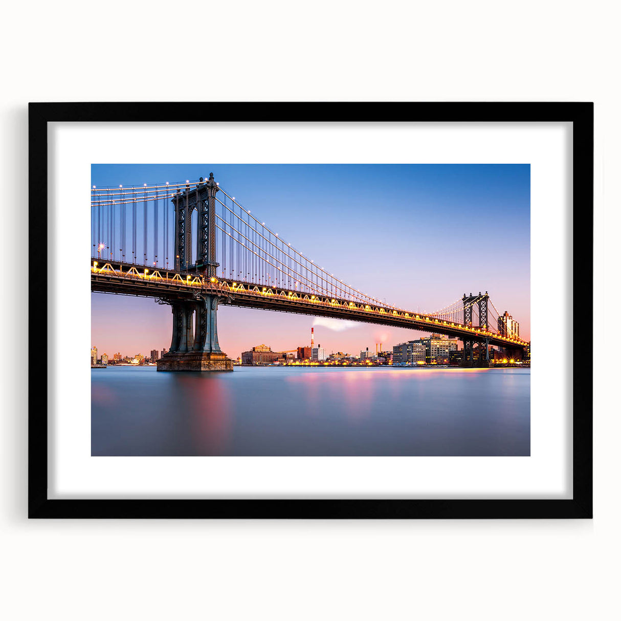 Extra large textured abstract art print of Manhattan Bridge in colorful hues, framed in black, ideal for living room decor.