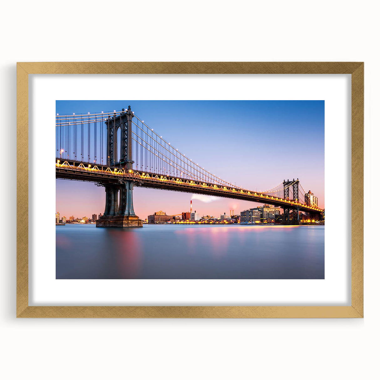 Extra large wall art featuring an abstract print of the Manhattan Bridge in textured gray and blue tones, framed in gold.