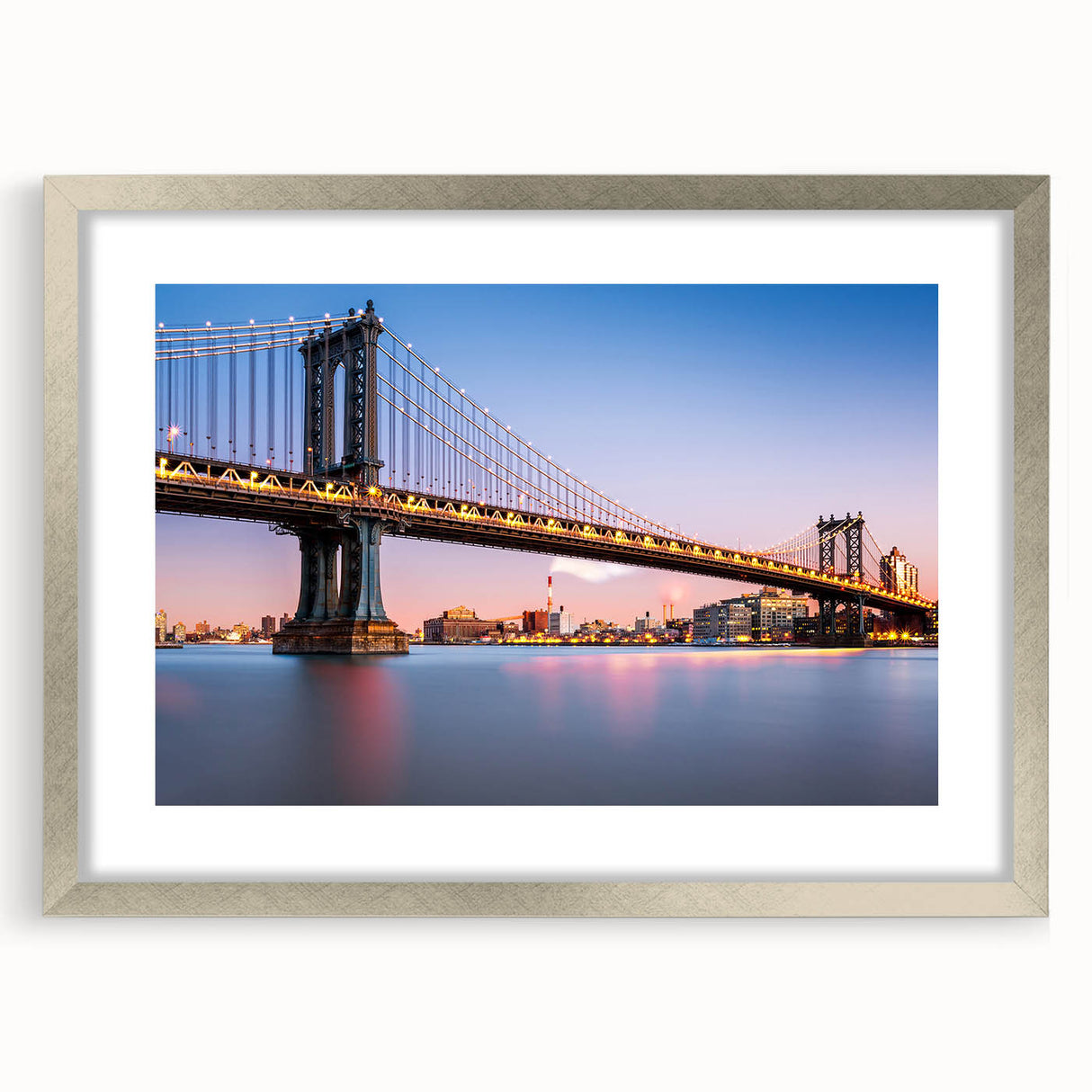 Textured art depicting the Manhattan Bridge in muted gray tones on a framed silver mat, ideal for modern bedroom decor.