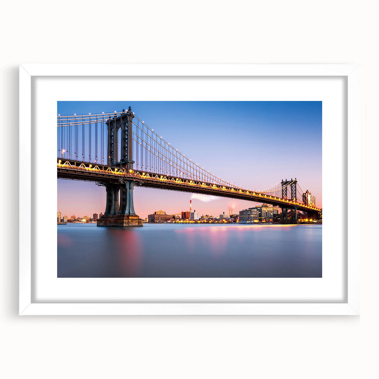 Abstract art print of the Manhattan Bridge in muted gray and blue tones, framed with a white mat.