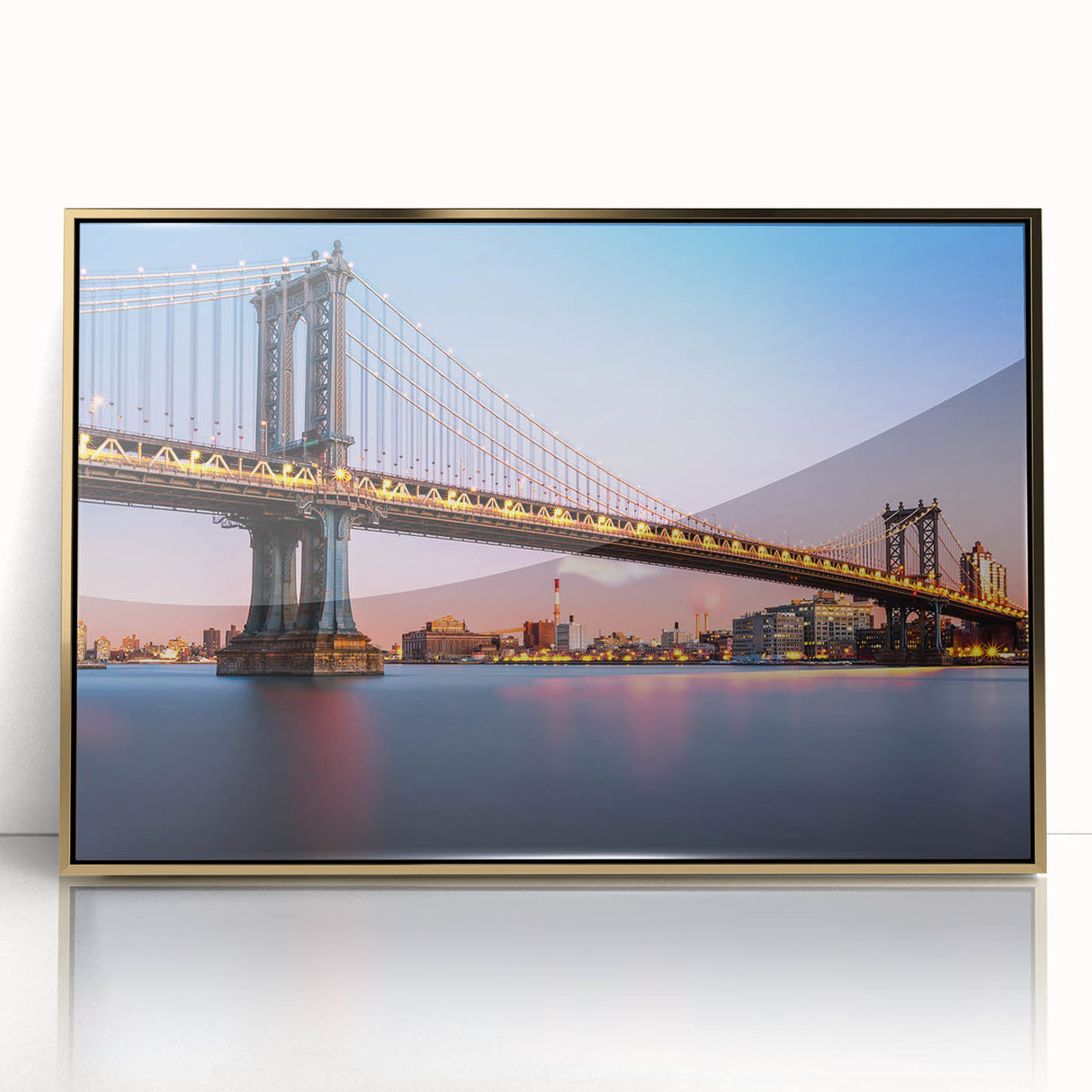 Acrylic print of the Manhattan Bridge in muted gray and blue tones, framed in gold, suitable for modern art wall decor.