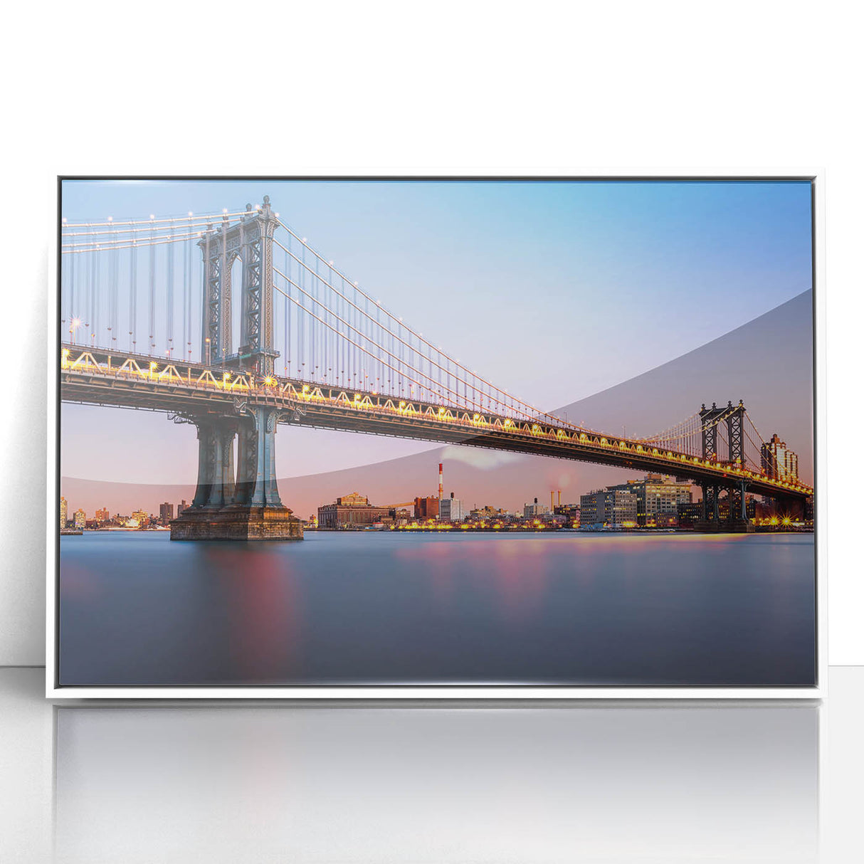 Art deco poster of Manhattan Bridge in muted gray tones, acrylic framed print, suitable for modern nursery wall art.