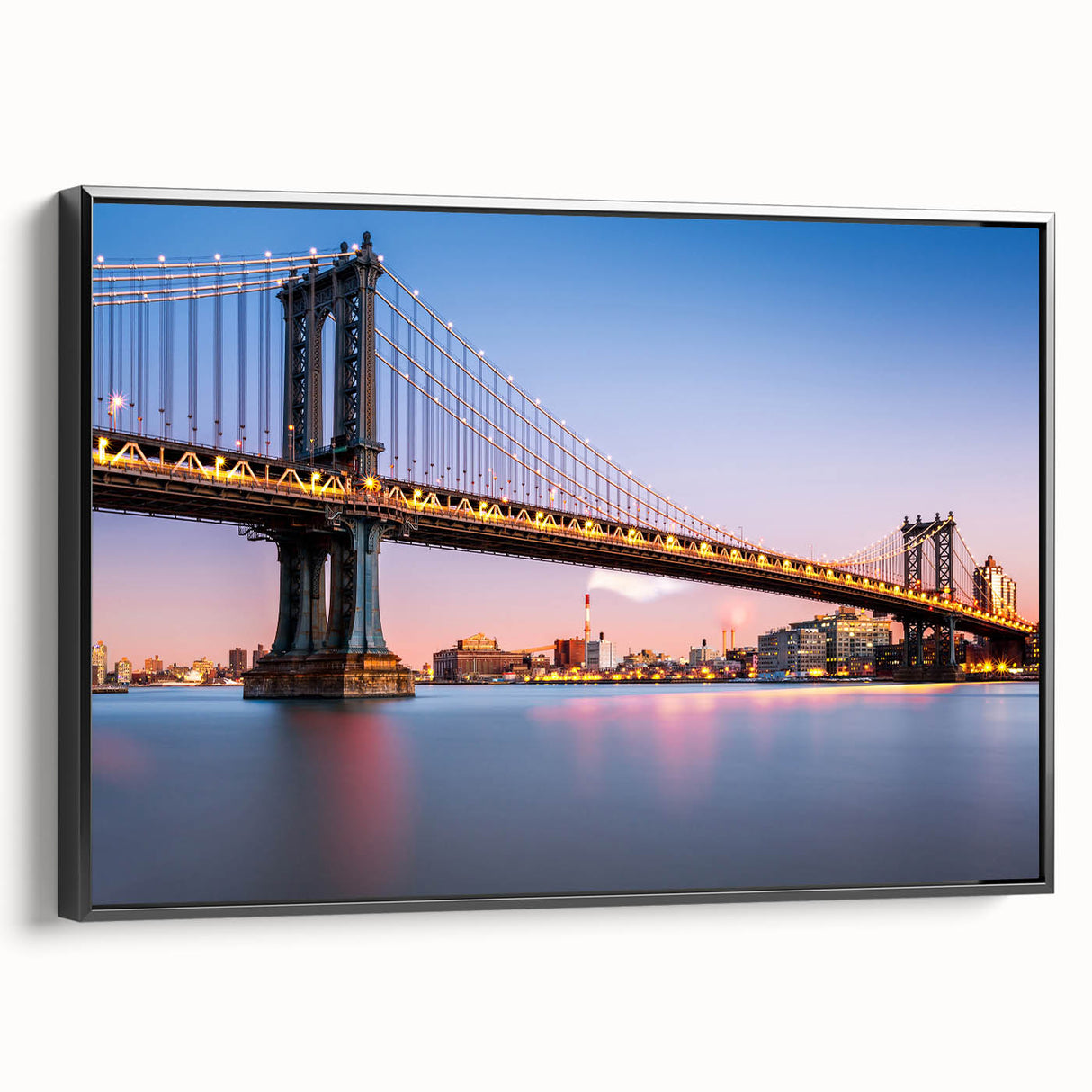 Framed canvas of Manhattan Bridge in black and white, vintage poster style, ideal for bedroom wall art.
