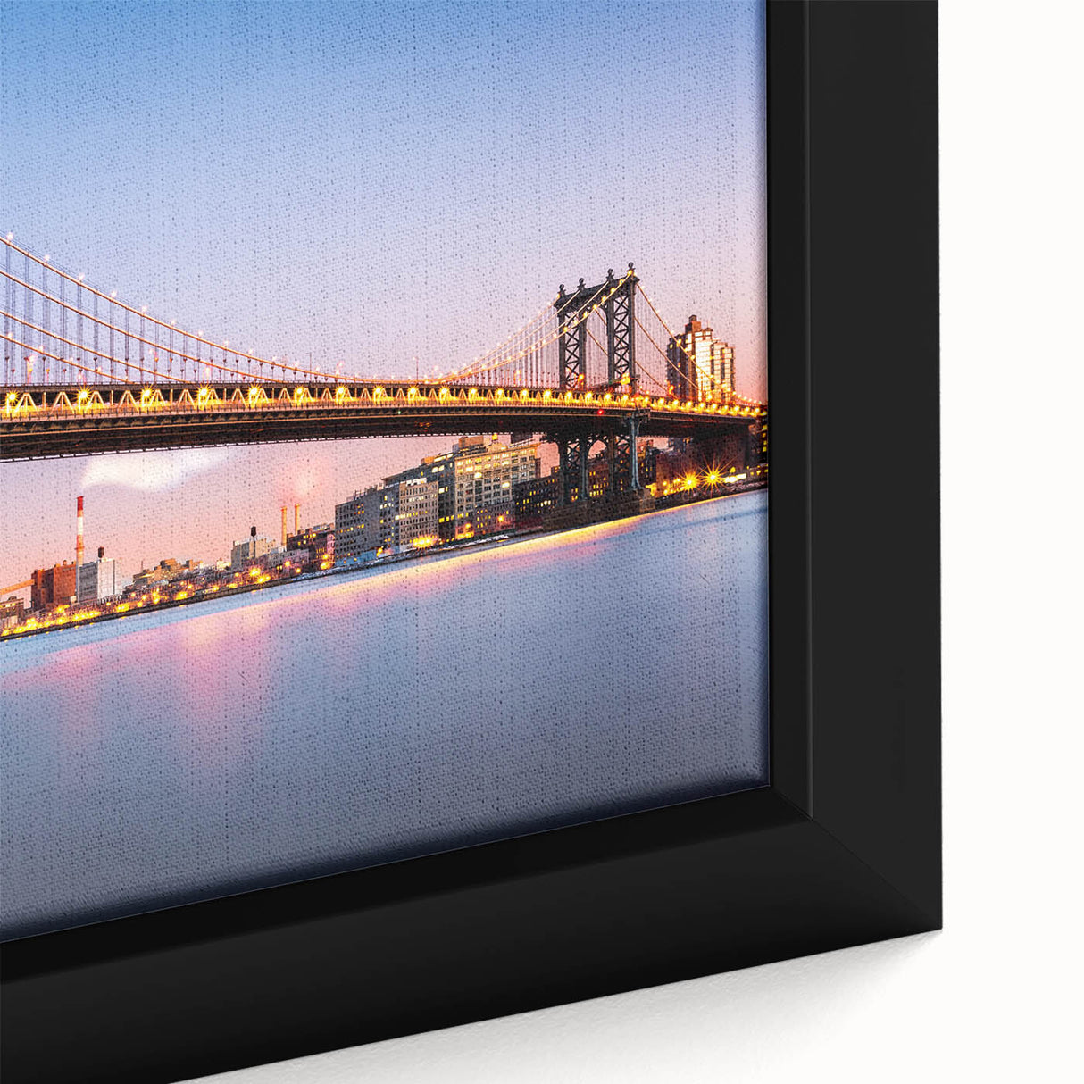 Extra large framed canvas of Manhattan Bridge in black with colorful, textured art details, ideal for living room decor.