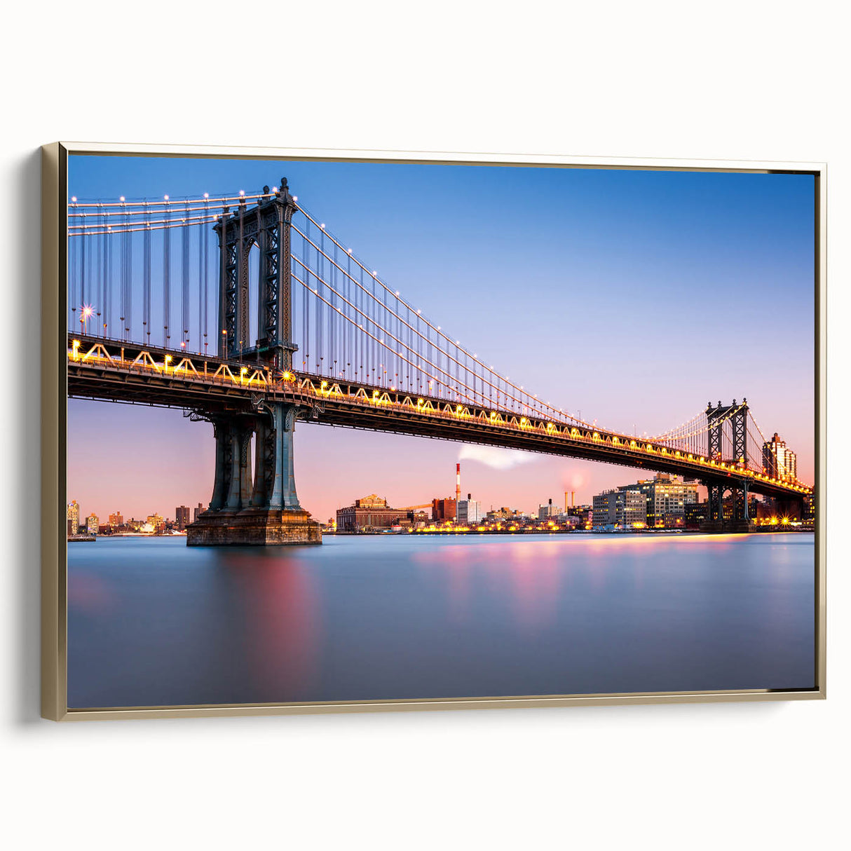 Framed canvas of Manhattan Bridge with a black and gold vintage poster art style, ideal for bedroom wall decor.