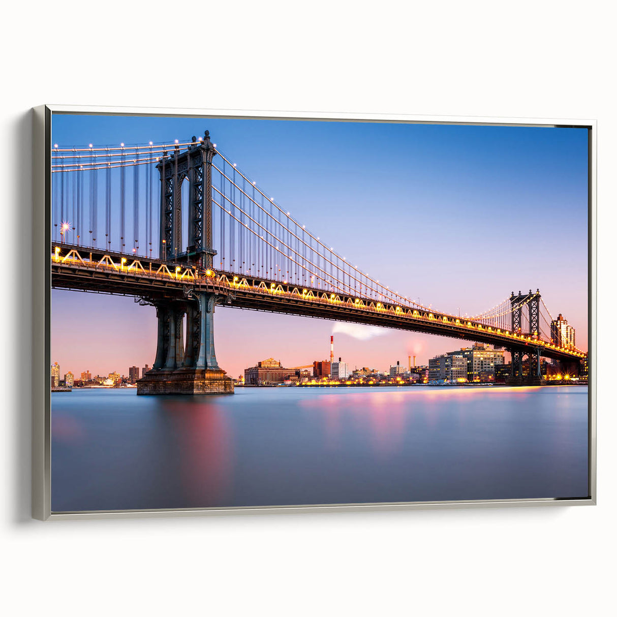 Framed canvas landscape art painting featuring the Manhattan Bridge in muted black and silver tones.