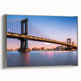 Framed canvas landscape art painting featuring the Manhattan Bridge in muted black and silver tones.