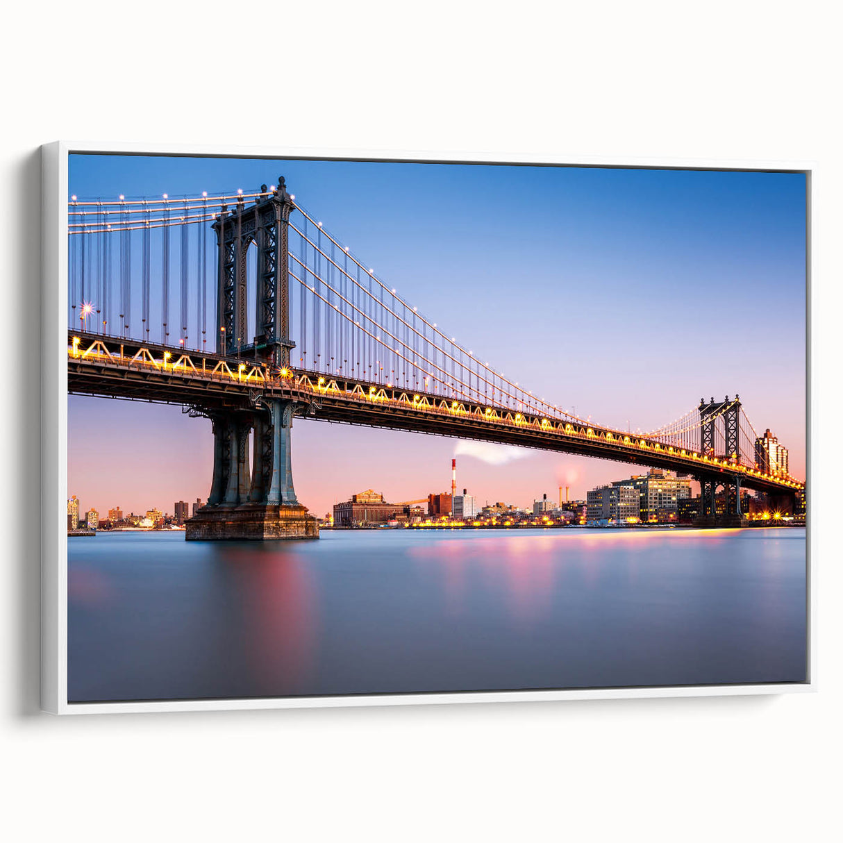 Vintage poster art of the Manhattan Bridge in black and colorful hues on a large framed canvas, ideal for living room decor.