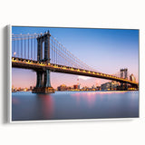 Vintage poster art of the Manhattan Bridge in black and colorful hues on a large framed canvas, ideal for living room decor.