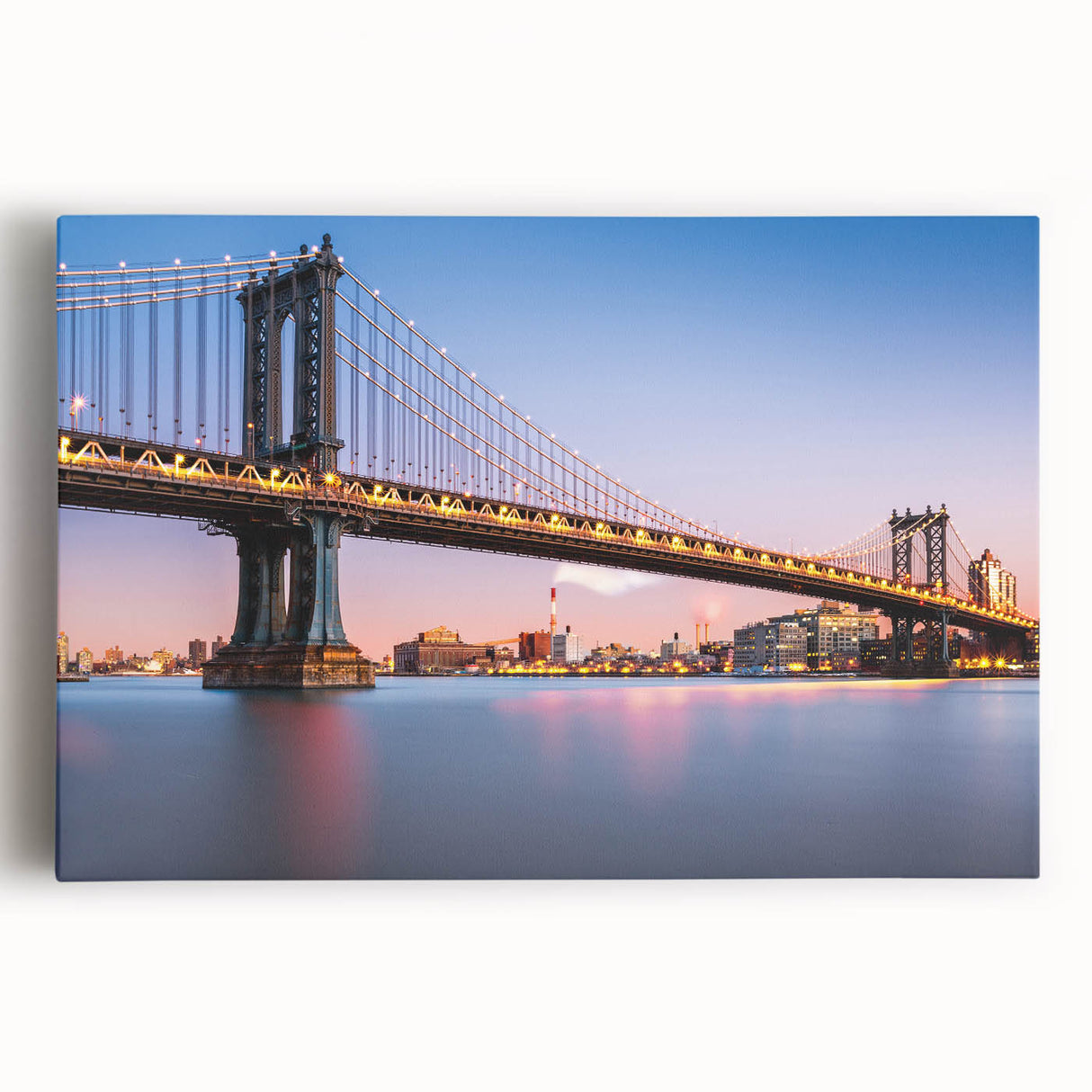 Black and white photo of Manhattan Bridge on stretched canvas, ideal for kitchen wall art.