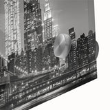 Large abstract depiction of Manhattan skyline in muted gray and blue tones on acrylic glass, suitable for dining room art.