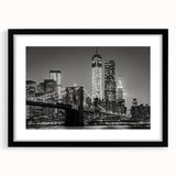 Extra large abstract art print of colorful, textured Manhattan skyline on a black framed canvas, ideal for living room decor.