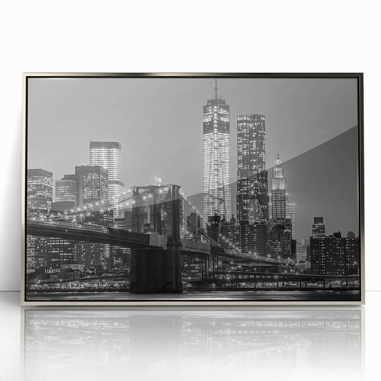 Mid-century modernist art depicting Manhattan skyline in muted silver tones on a framed acrylic print.