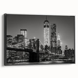Black and white framed canvas of Manhattan skyline, ideal for bedroom wall art.