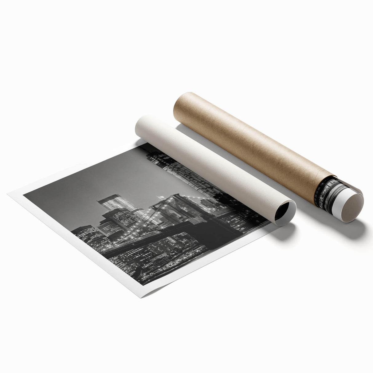 Extra large rolled print of Manhattan skyline in muted gray and blue tones, suitable for classy bathroom wall art.