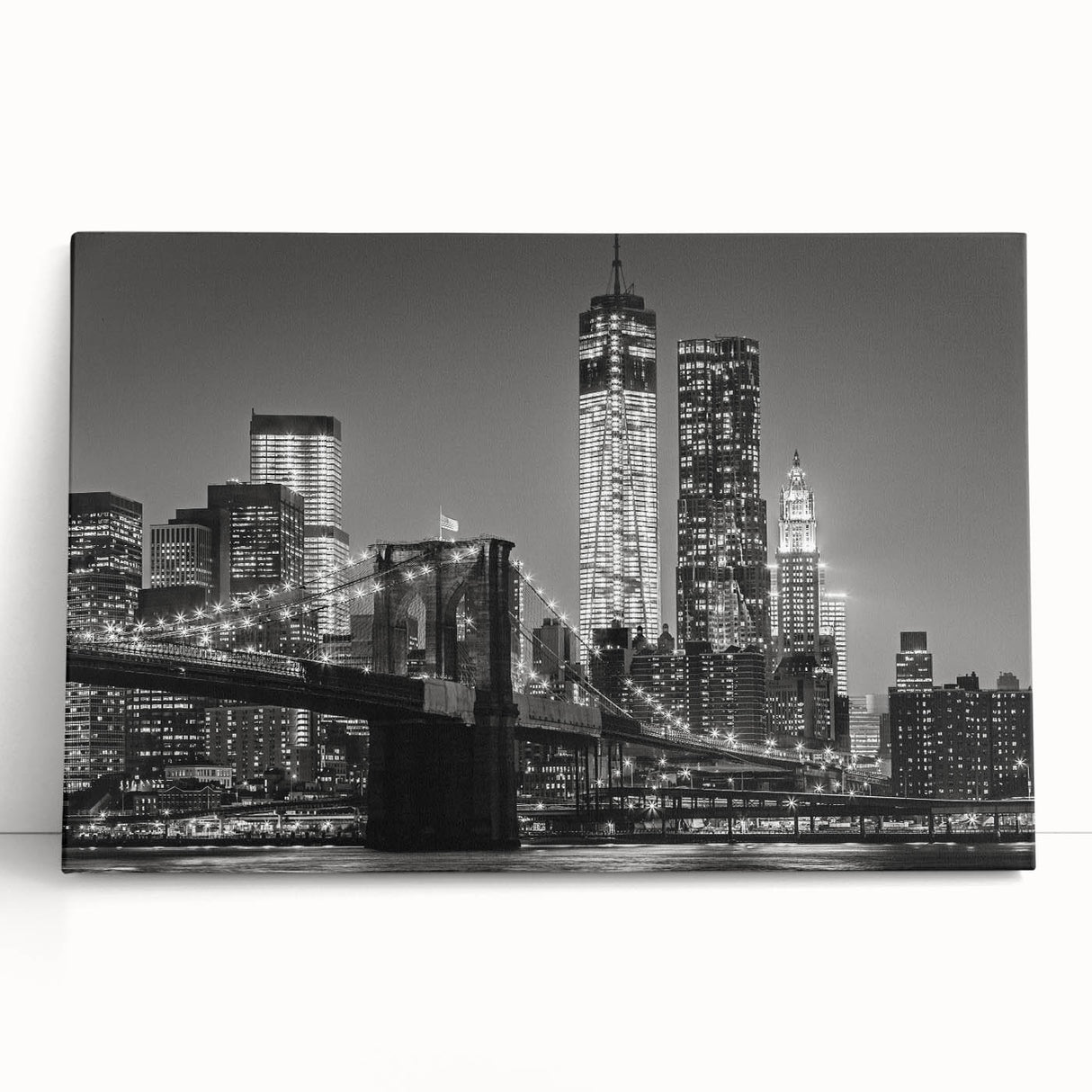 Black and white photograph of the Manhattan skyline on a large stretched canvas, ideal for kitchen wall art.