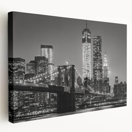 Large canvas print depicting Manhattan skyline in muted grays and blues, suitable for kitchen wall art.