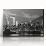 Large art print of New York City skyline in gold and black tones on framed acrylic, suitable for modern art wall decor.