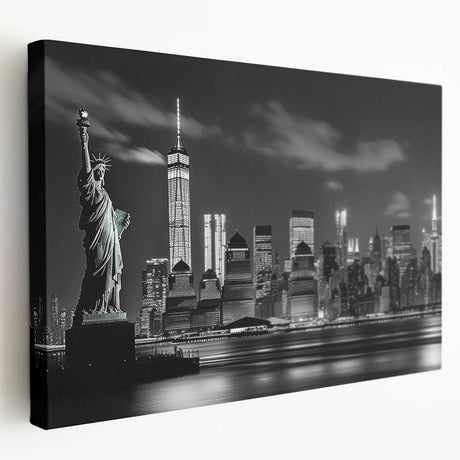 Side view of a large stretched canvas depicting the New York City skyline in muted gray and blue tones.