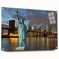 Acrylic print of the Statue of Liberty in muted green and blue tones, suitable for bedroom or dining room decor.