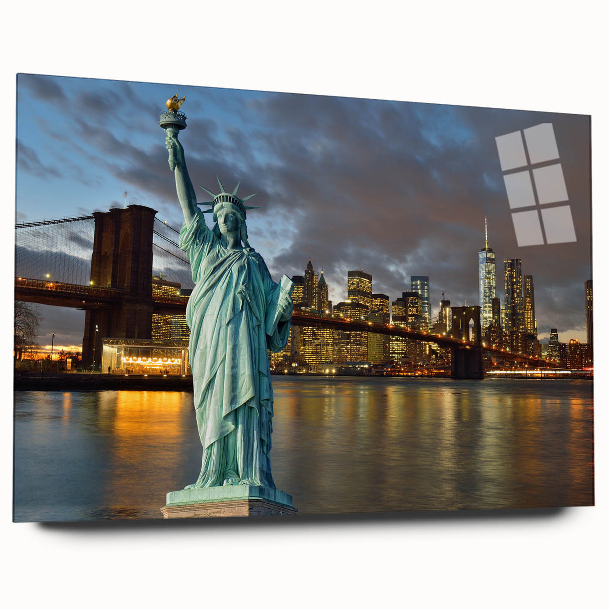 Acrylic print of the Statue of Liberty in muted green and blue tones, suitable for bedroom or dining room decor.