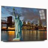 Acrylic print of the Statue of Liberty in muted green and blue tones, suitable for bedroom or dining room decor.