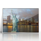 Art deco style poster of the Statue of Liberty in monochrome hues on a white acrylic framed print.