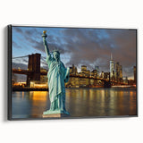 Black and white framed canvas of the Statue of Liberty, ideal for bedroom wall art with a vintage poster style.