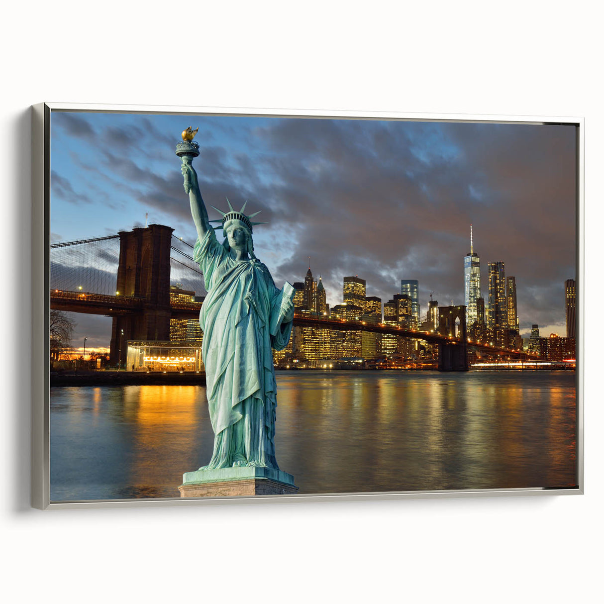 Framed canvas of the New York City skyline featuring the Statue of Liberty in muted black and gray tones.