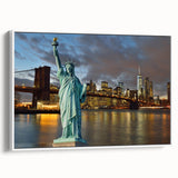 Vintage poster art of the Statue of Liberty in colorful tones on a framed canvas, ideal for living room decor.