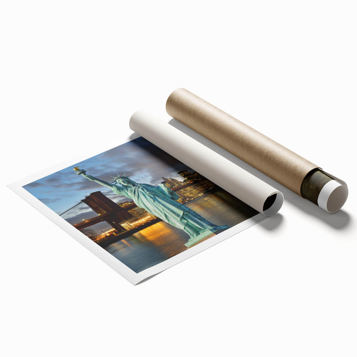 Extra large rolled print of the Statue of Liberty in muted green and blue tones, ideal for classy bathroom wall art.