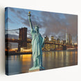 Side view of a stretched canvas depicting the Statue of Liberty in muted green and blue tones, suitable for kitchen wall art.