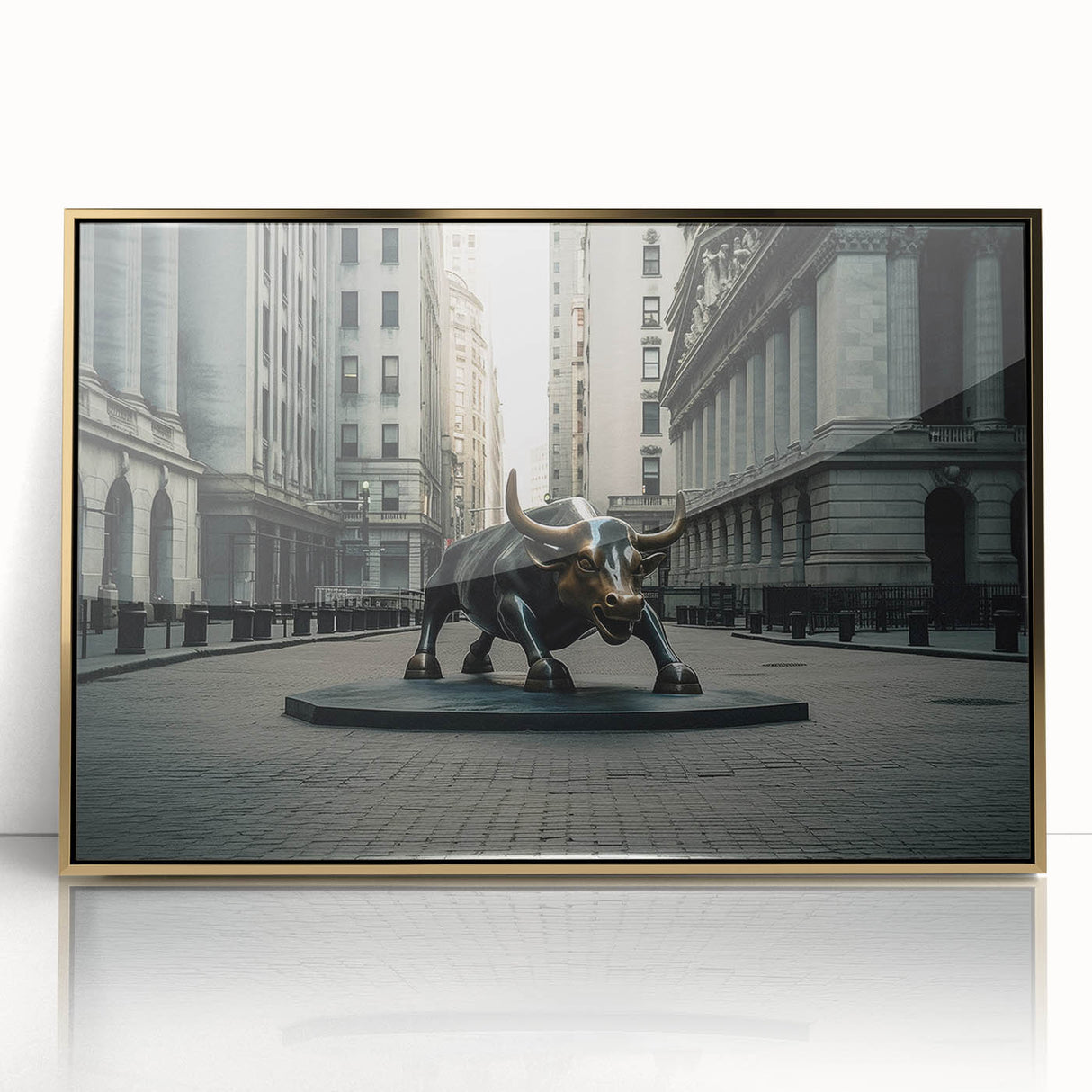 Acrylic print of New York City skyline in gold and black tones, framed, ideal for modern art wall decor.