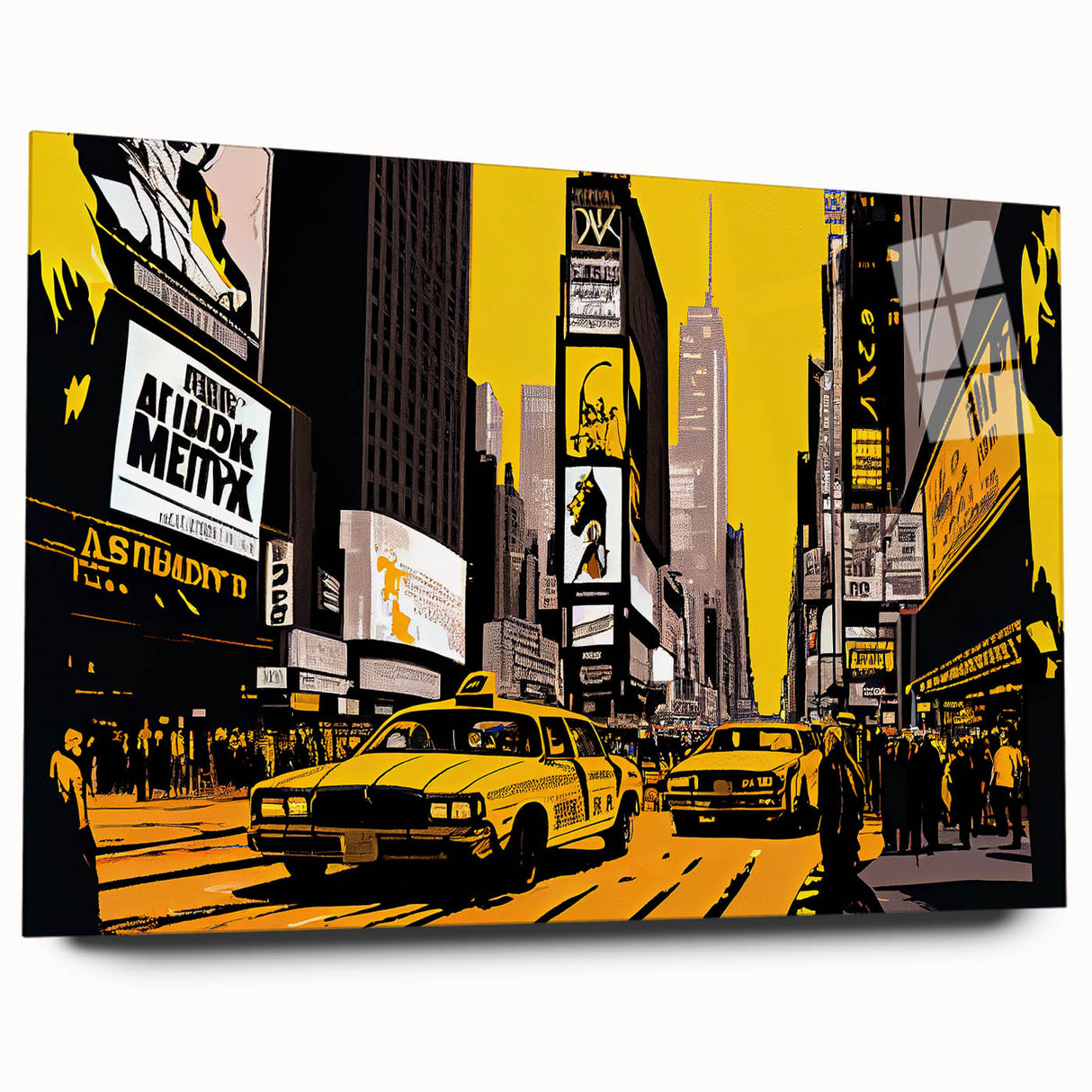 Acrylic print of Times Square with vivid colors and bustling street scene, suitable for dining room art.