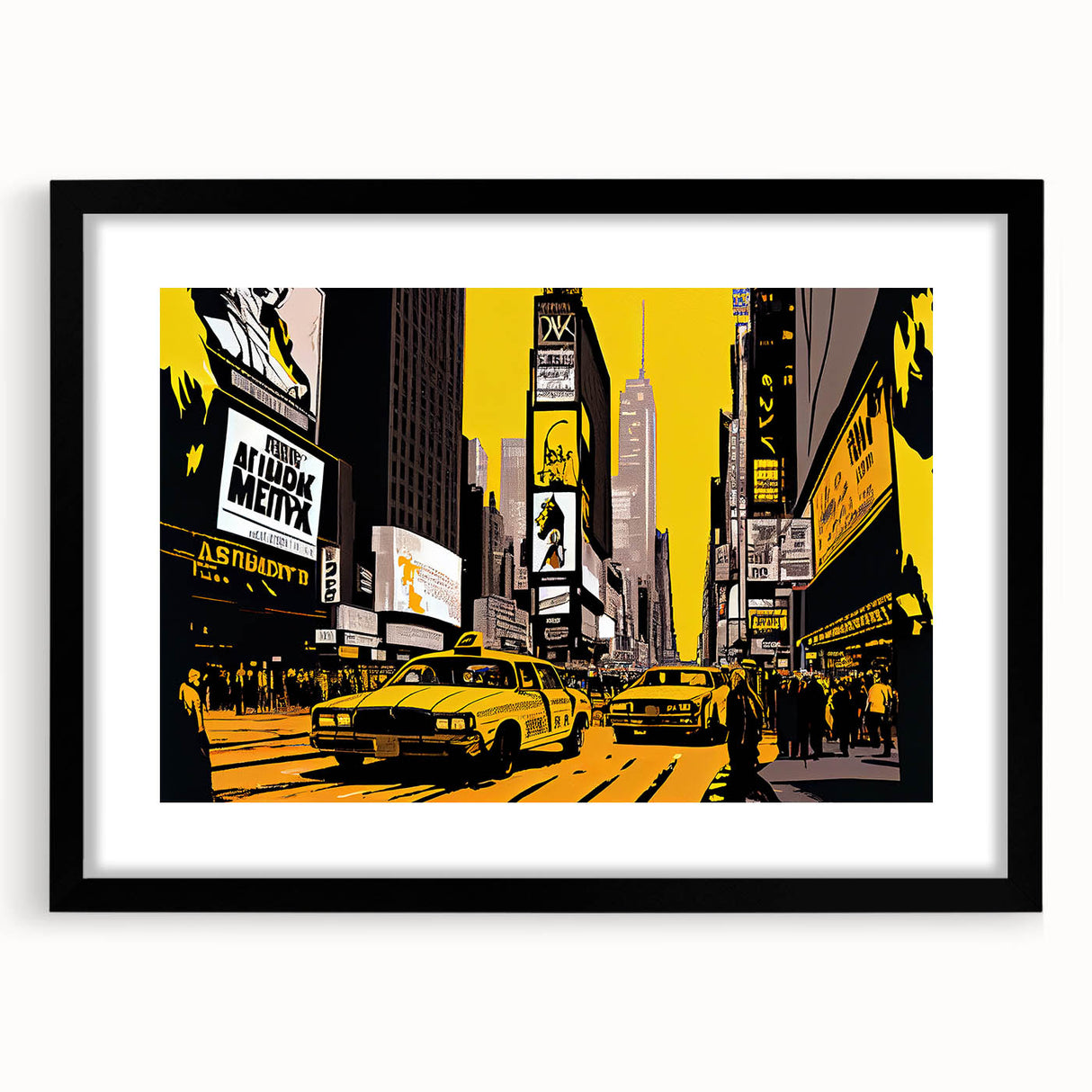 Extra large, colorful art print of an abstract Times Square scene in vibrant hues on a textured canvas, framed in black.