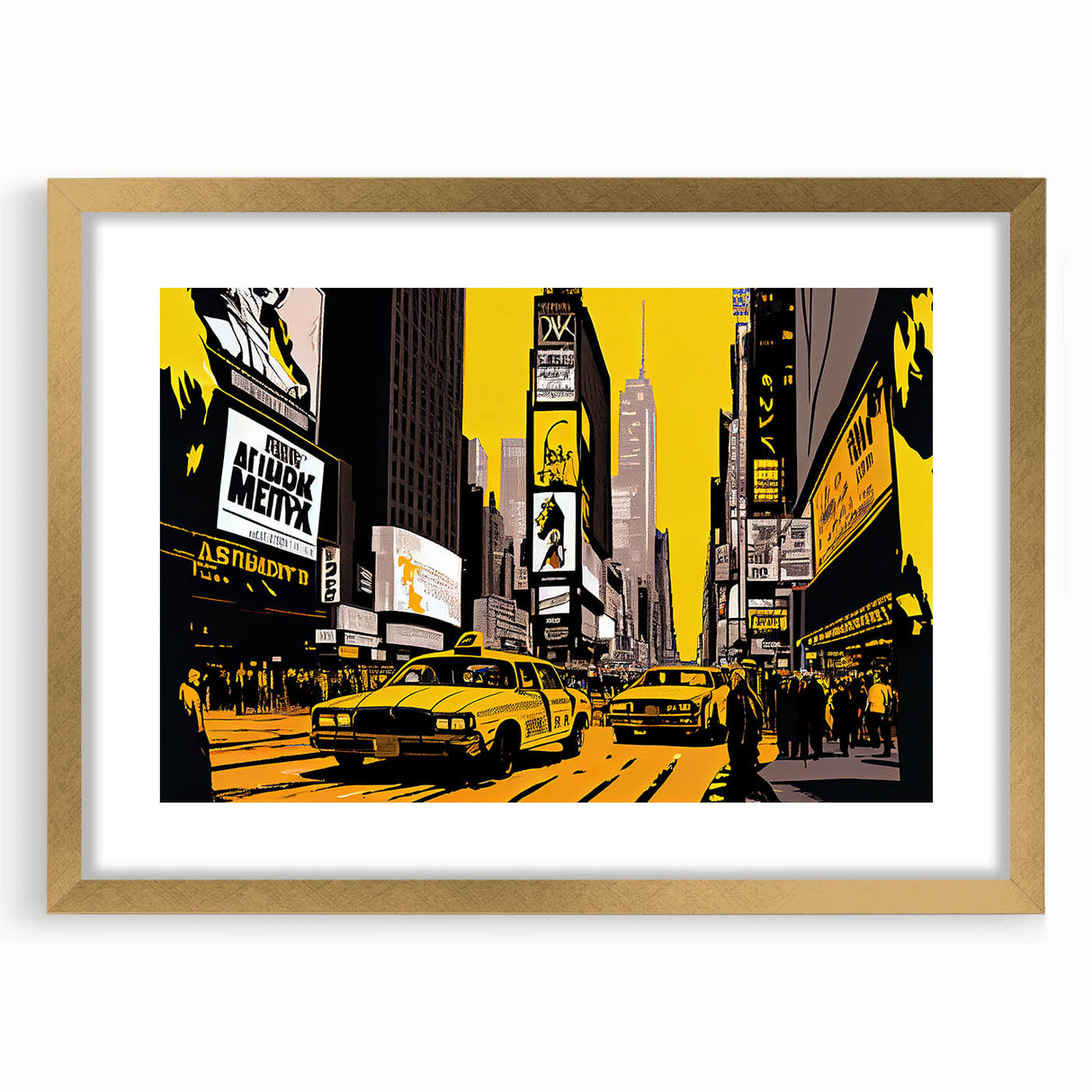 Extra large wall art of an abstract New York City Times Square scene in vibrant colors, framed with a gold mat.
