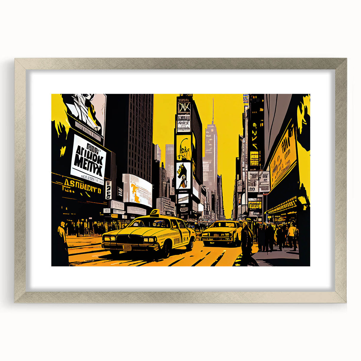 Textured art print of NYC Times Square in abstract style with vibrant colors on a silver-framed mat, ideal for bedroom art.