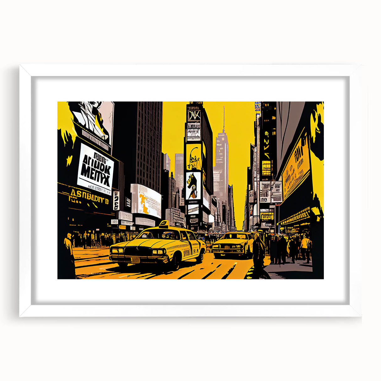 Abstract art print of Times Square in muted gray and blue tones on a framed white mat, ideal for dining room art.