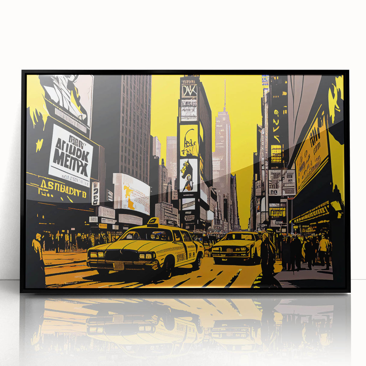 Large abstract wall art of New York City's Times Square in muted grayscale, acrylic print framed in black.