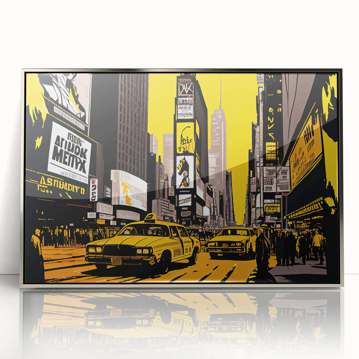 Mid-century modernist art depicting Times Square, with vibrant neon colors on a silver-framed acrylic print.