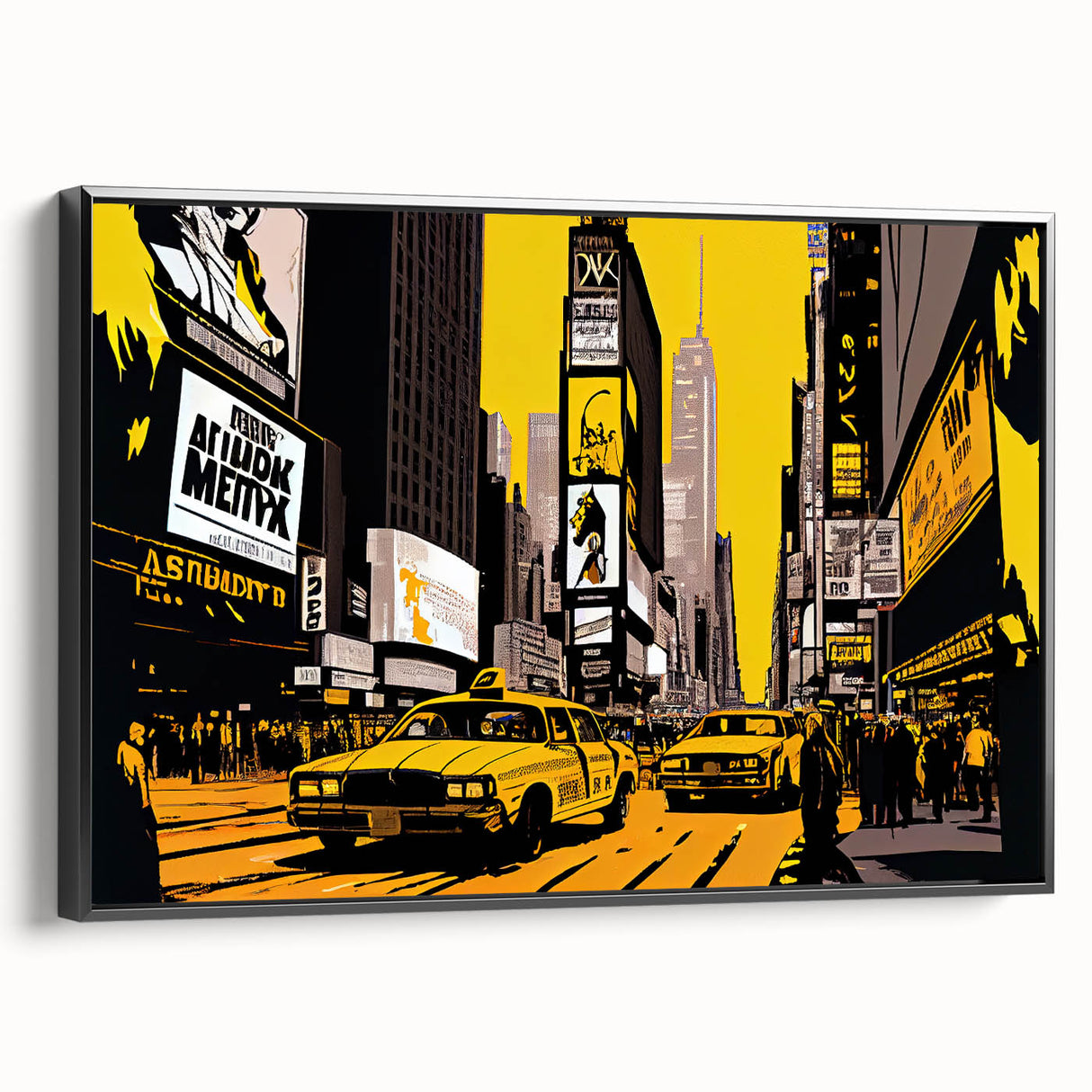 Black and white vintage poster art of NYC Times Square on framed canvas, ideal for bedroom wall decor.