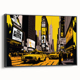Black and white vintage poster art of NYC Times Square on framed canvas, ideal for bedroom wall decor.