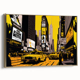 Framed canvas of Times Square with vintage poster art style in black and gold tones, ideal for bedroom wall art.