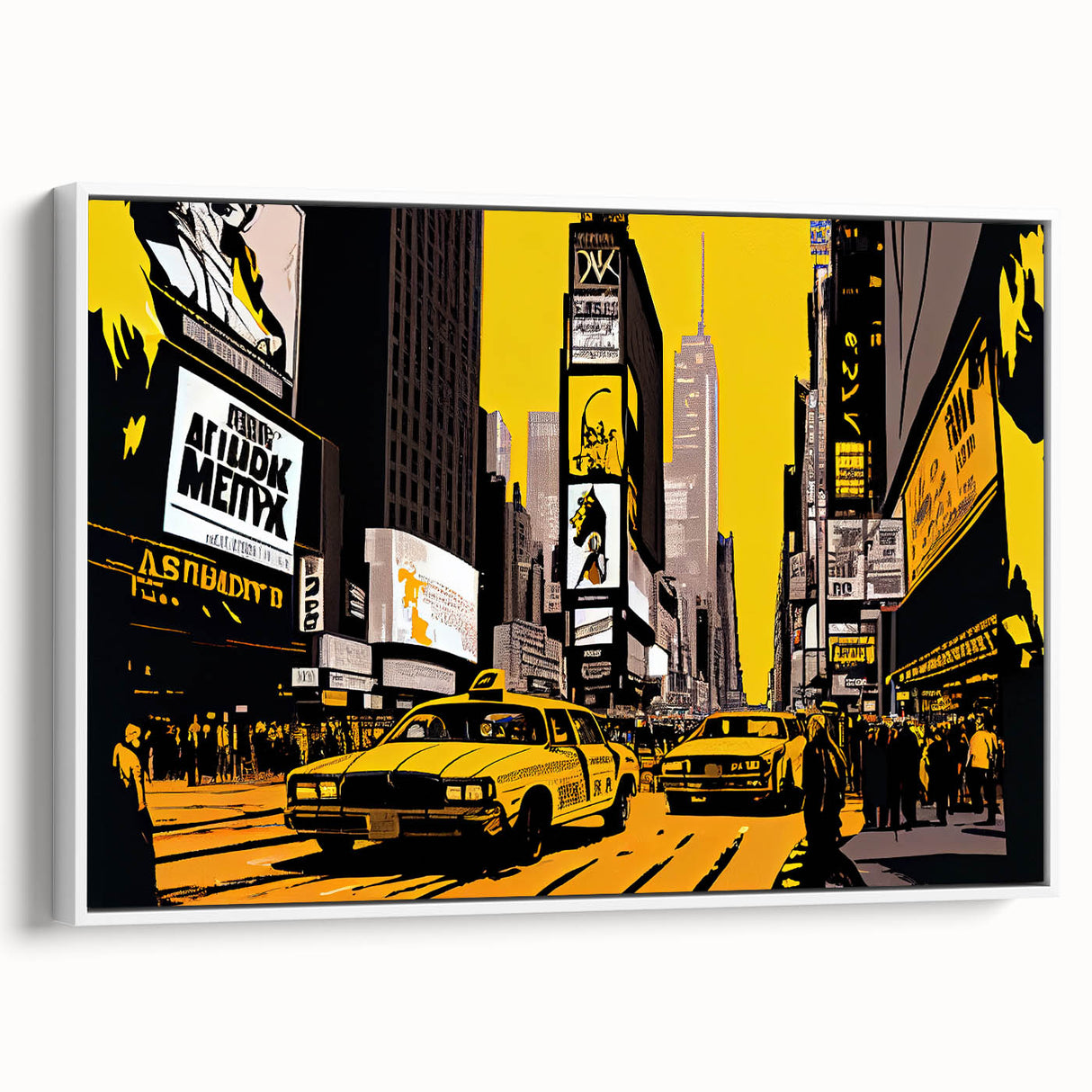 Vintage poster art of Times Square with colorful details on extra large framed canvas, ideal for living room decor.