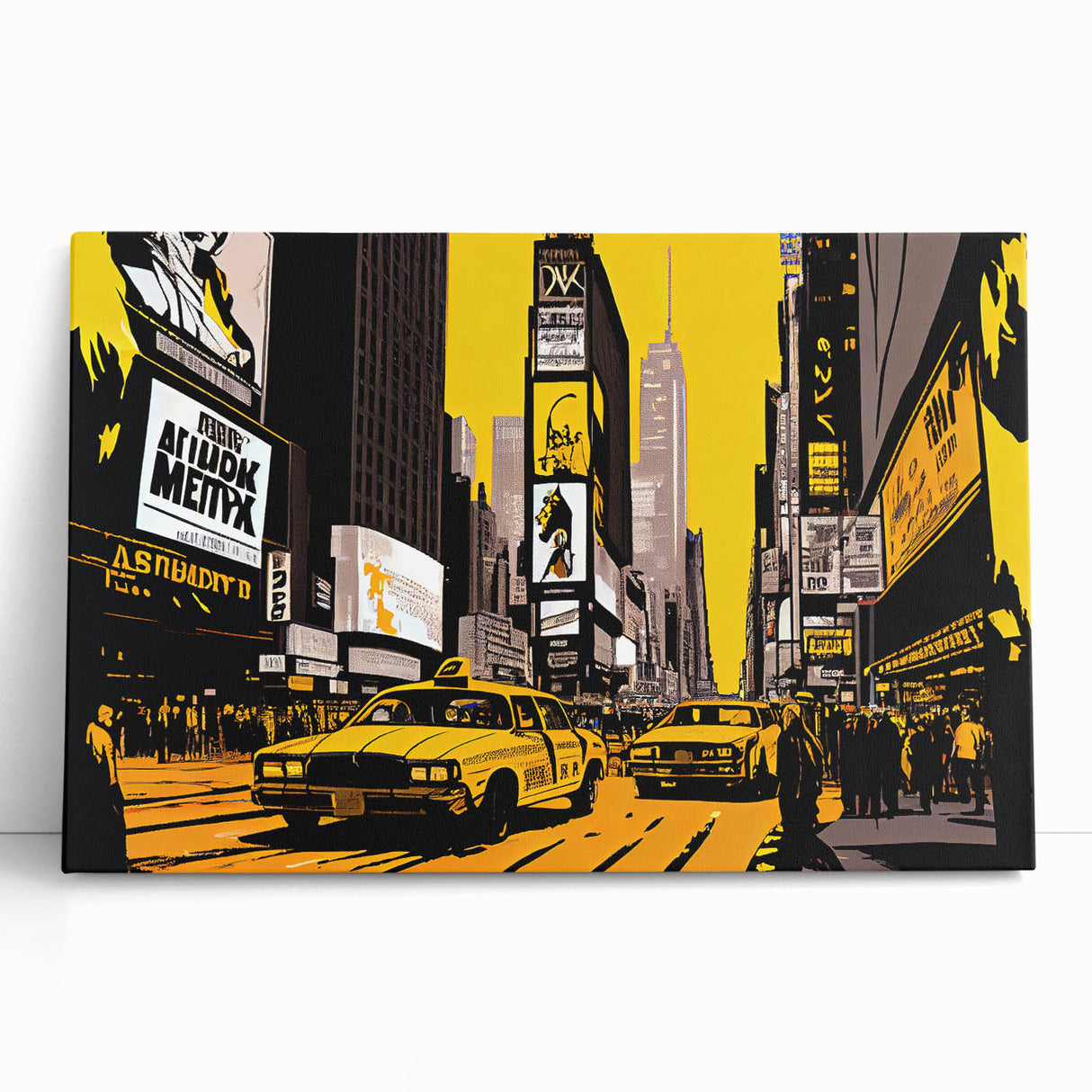 Black and white stretched canvas of Times Square scene, ideal for large kitchen wall art or bedroom decor.