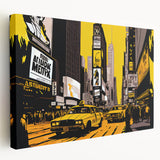 Times Square street scene on large stretched canvas featuring vibrant neon colors, ideal for kitchen wall art.