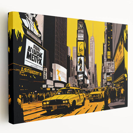 Times Square street scene on large stretched canvas featuring vibrant neon colors, ideal for kitchen wall art.